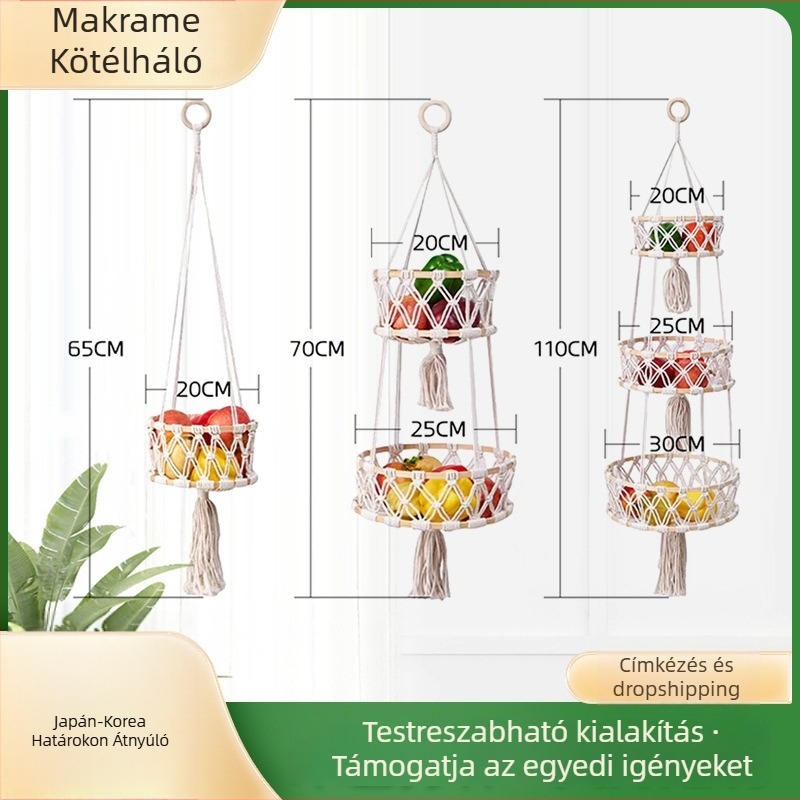 Három darabos gyümölcs- és zöldségkosár-készlet, kézzel szőtt pamutszálból, függő kosár a nappaliba – pásztorális stílus
