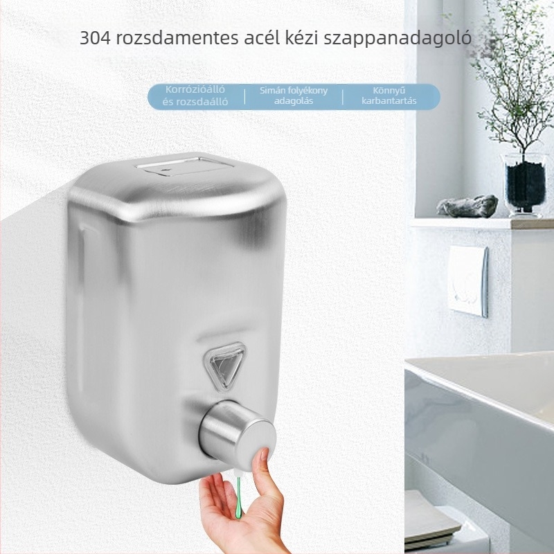 Fali rozsdamentes acél szappanadagoló, kézi pumpa, 304-es rozsdamentes acél konstrukció, tömeg 500 g, modern minimalista stílus