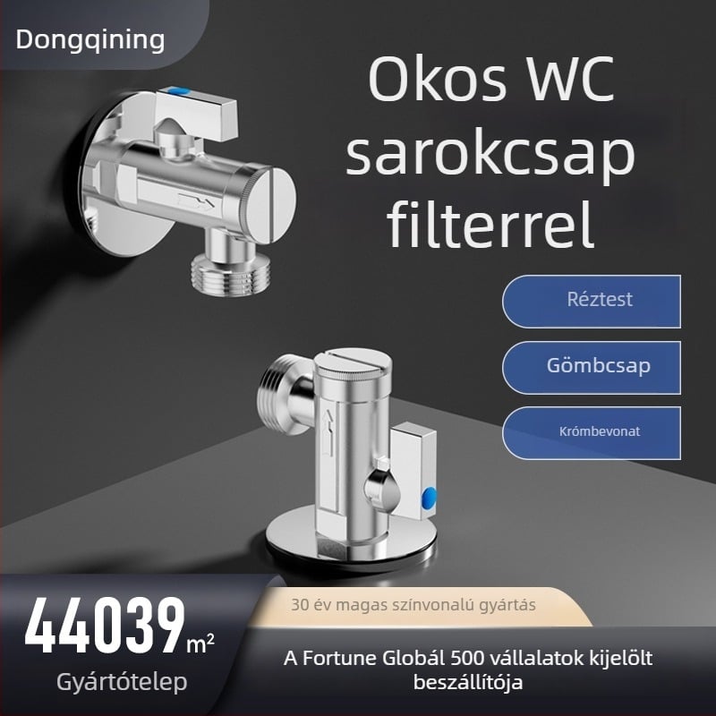 Teljesen rézből készült, nagy áramlású szögletes szelep intelligens vécéhez, szűrőhálóval, modell 2119A, CE tanúsított.
