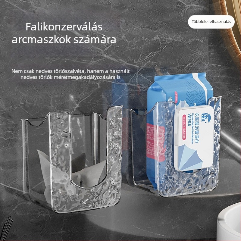 Fali ragasztós nedves törlőkendő és papírzsepi tartó, vízálló műanyagból, furatmentes, multifunkcionális fürdőszobai szervező