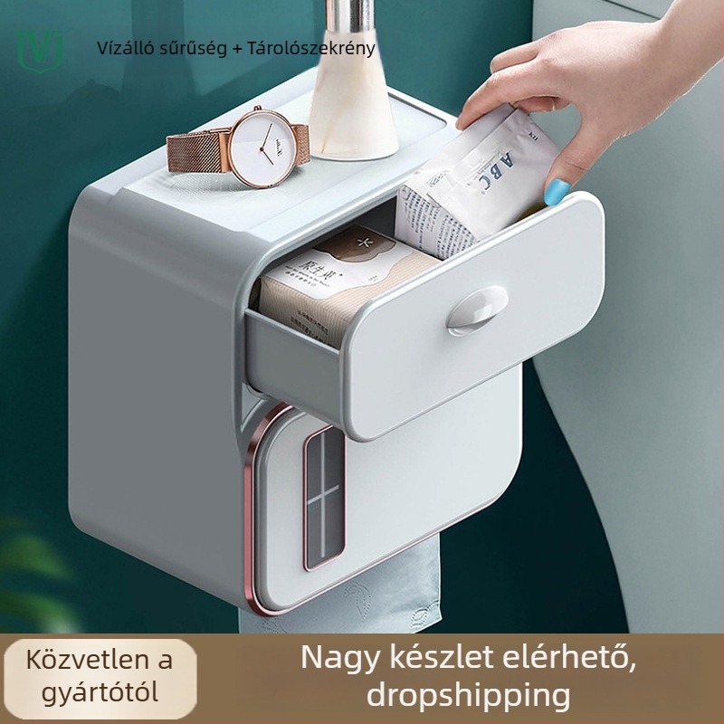 Fali WC-papírtartó doboz, fúrásmentes rögzítés, vízálló műanyagból (modell 6252)