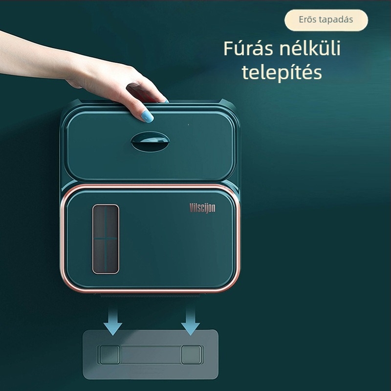 Fali WC-papírtartó doboz, fúrásmentes rögzítés, vízálló műanyagból (modell 6252)