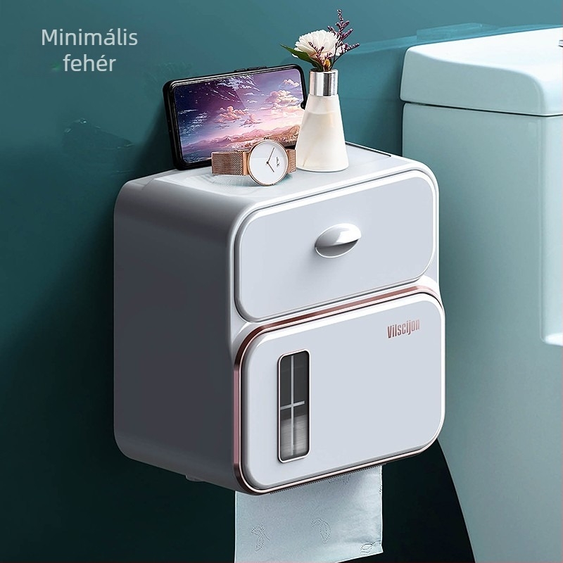 Fali WC-papírtartó doboz, fúrásmentes rögzítés, vízálló műanyagból (modell 6252)