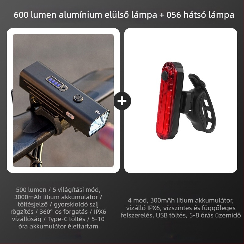 Kerékpár lámpa alumíniumötvözetből, USB-ről tölthető, vízálló, éjszakai tekeréshez, mountain bike-hoz