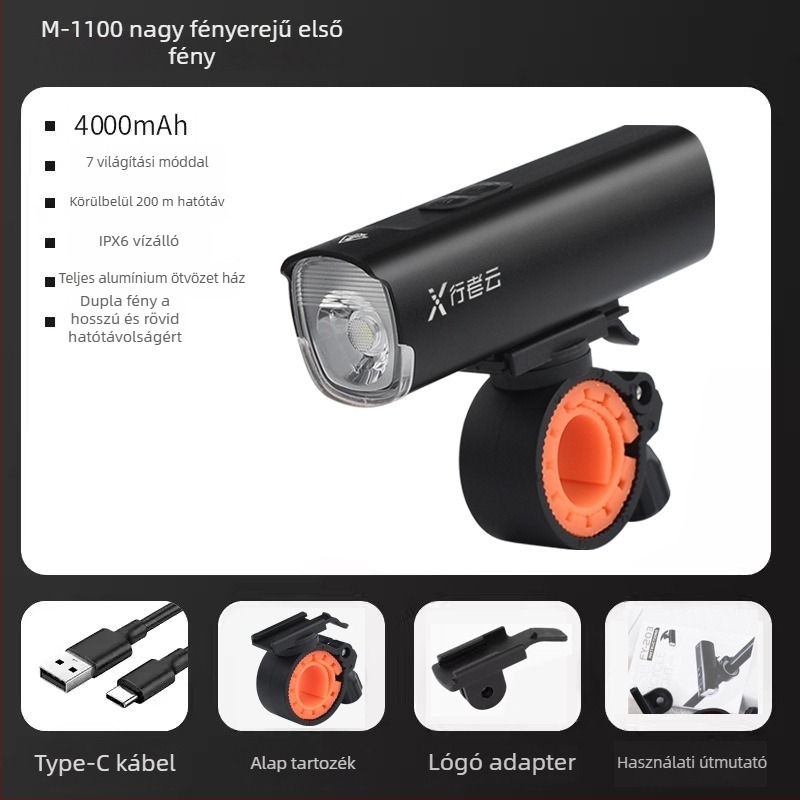 Kerékpár lámpa alumíniumötvözetből, USB-ről tölthető, vízálló, éjszakai tekeréshez, mountain bike-hoz