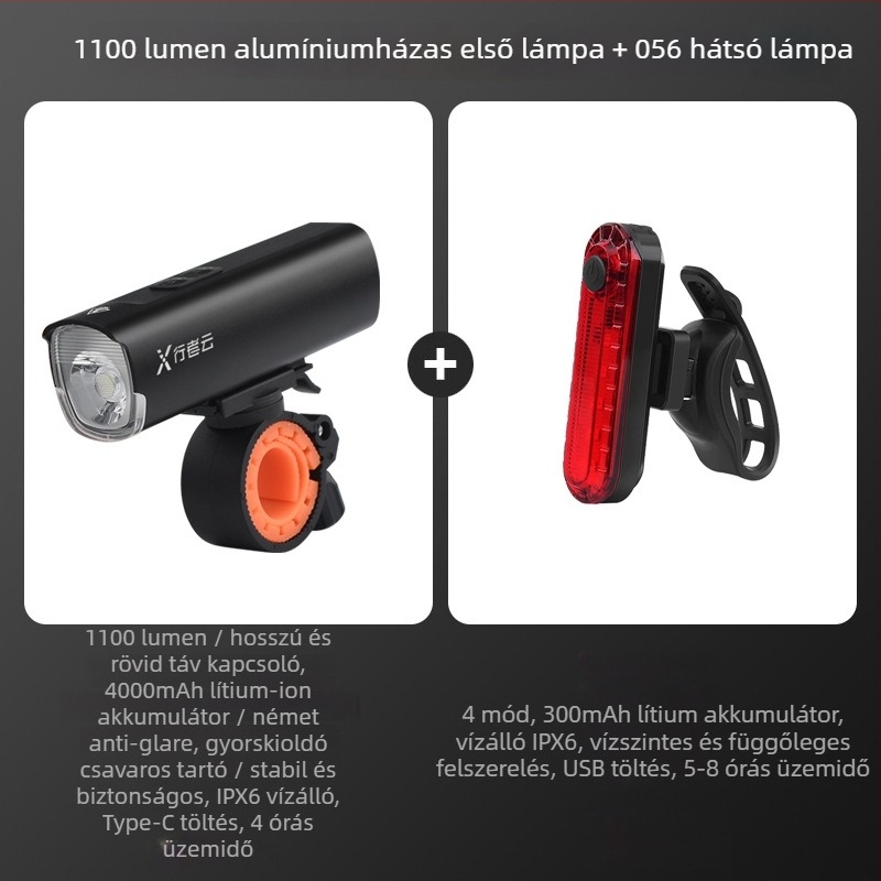 Kerékpár lámpa alumíniumötvözetből, USB-ről tölthető, vízálló, éjszakai tekeréshez, mountain bike-hoz