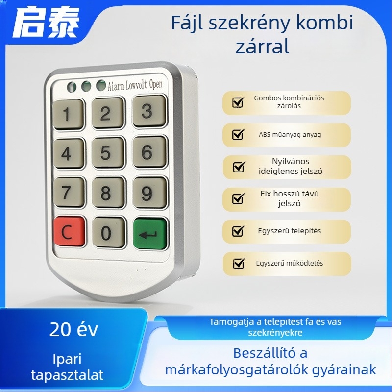 Szekrényekhez való elektronikus jelszavas zár – Qitai; Anyag: cinkötvözet/plasztik; Modell: Key Code Lock; Alkalmazás: fa- és fémszekrények; Stílus: modern egyszerű