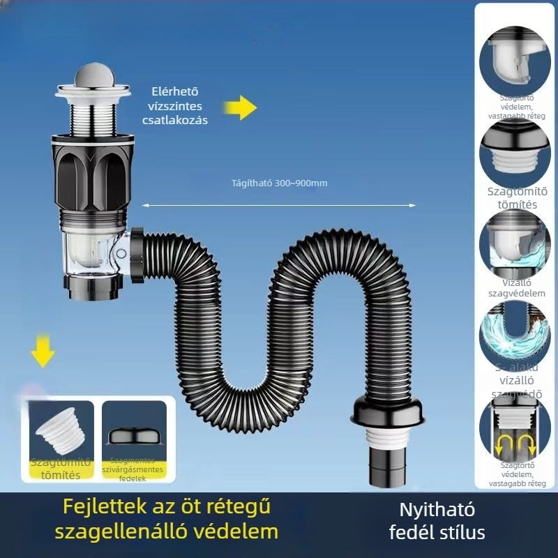 Fürdőszobai mosdólefolyó készlet szagtalanítással, anyag ABS, forma P-bend, típus flip, modell Brushed horizontal row, márka Long Whale