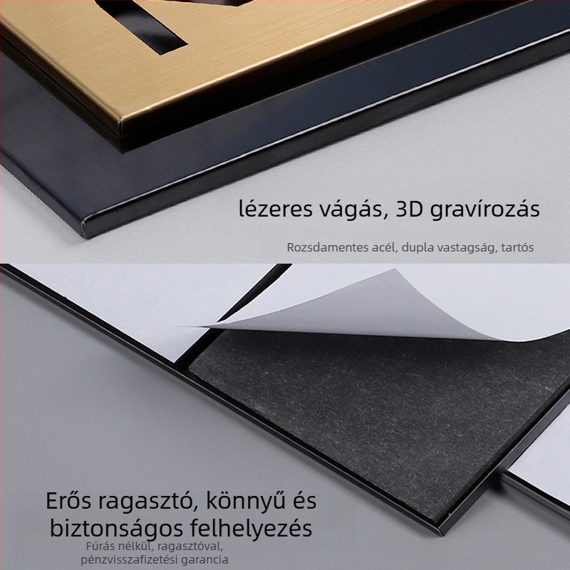 Rozsdamentes acél ajtójelzőtábla, lézergravírozott, kétszintű üreges számfelirat, kültéri tábla