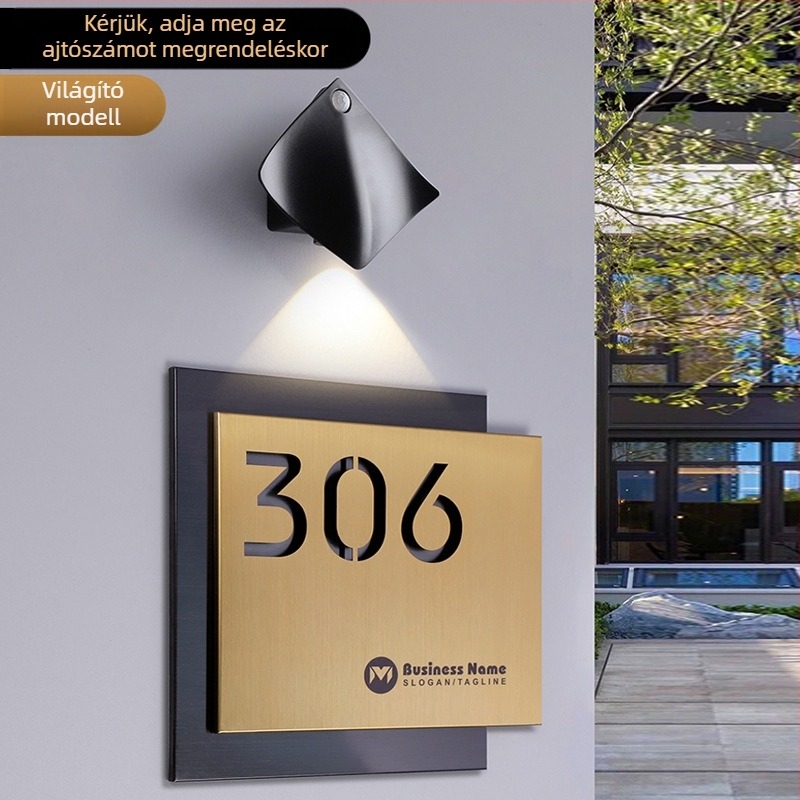 Rozsdamentes acél ajtójelzőtábla, lézergravírozott, kétszintű üreges számfelirat, kültéri tábla