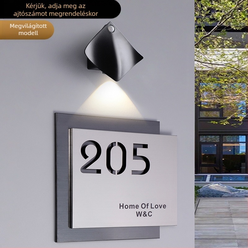 Rozsdamentes acél ajtójelzőtábla, lézergravírozott, kétszintű üreges számfelirat, kültéri tábla