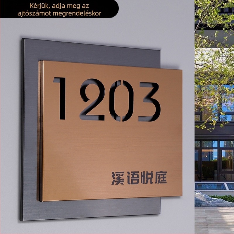Rozsdamentes acél ajtójelzőtábla, lézergravírozott, kétszintű üreges számfelirat, kültéri tábla