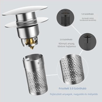 304 rozsdamentes acélból készült mosdólefolyó dugó, ugró típus, P-kanyar, Nine Glory