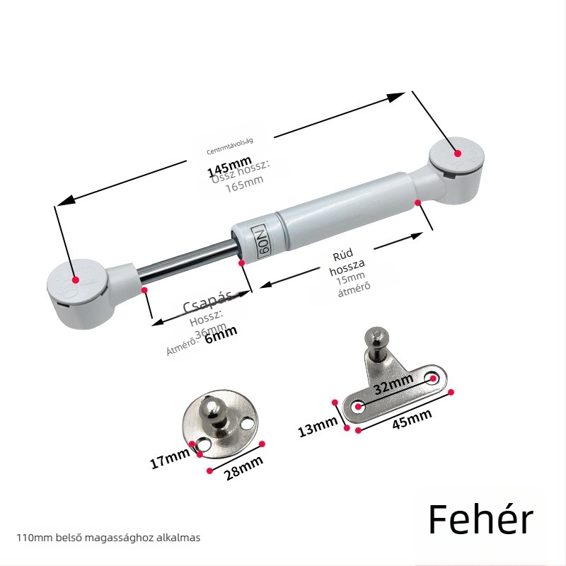 Ablakhoz és ajtókhoz – gázrugó alumínium kerettel – kompakt, 60N/80N, középpont távolság 145/160/270mm, alkalmas faliszekrényekhez, gardrobokhoz és könyvespolcokhoz
