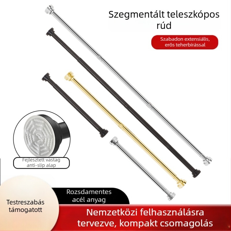 Teleszkópos rozsdamentes acél fürdőszobai rúd – fúrás nélkül, állítható hosszúságú, zuhanyfüggönyhöz, ajtó- és ruhásszekrényhez; modern minimalista stílus