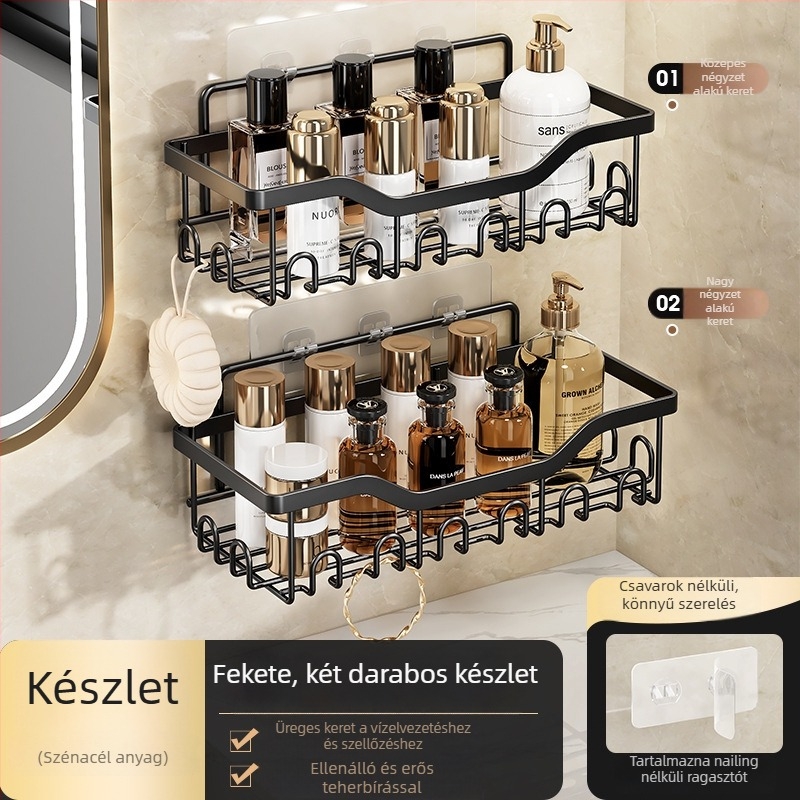 Fürdőszobai falra szerelhető tároló – fúrás nélküli, öt részes készlet, szénacél, sütőfesték felület, teherbírás 5 kg