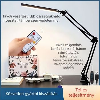 LED hosszú karú, összecsukható asztali lámpa tanuláshoz és kollégiumhoz – szemvédelem, távirányító, USB tápegység, fém árnyékoló, CRI ≥90