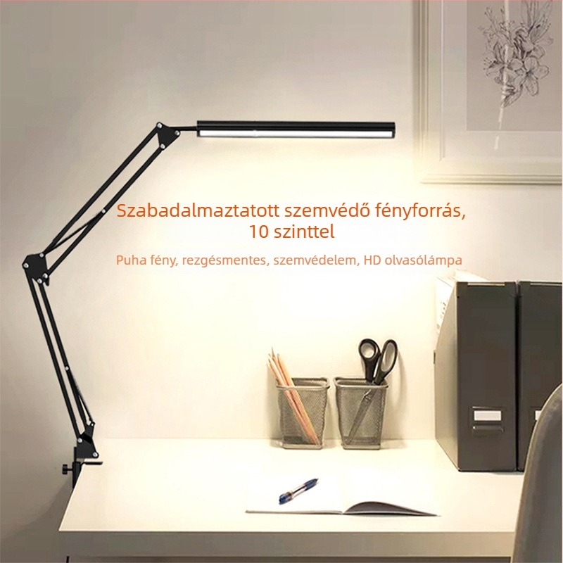 LED hosszú karú, összecsukható asztali lámpa tanuláshoz és kollégiumhoz – szemvédelem, távirányító, USB tápegység, fém árnyékoló, CRI ≥90