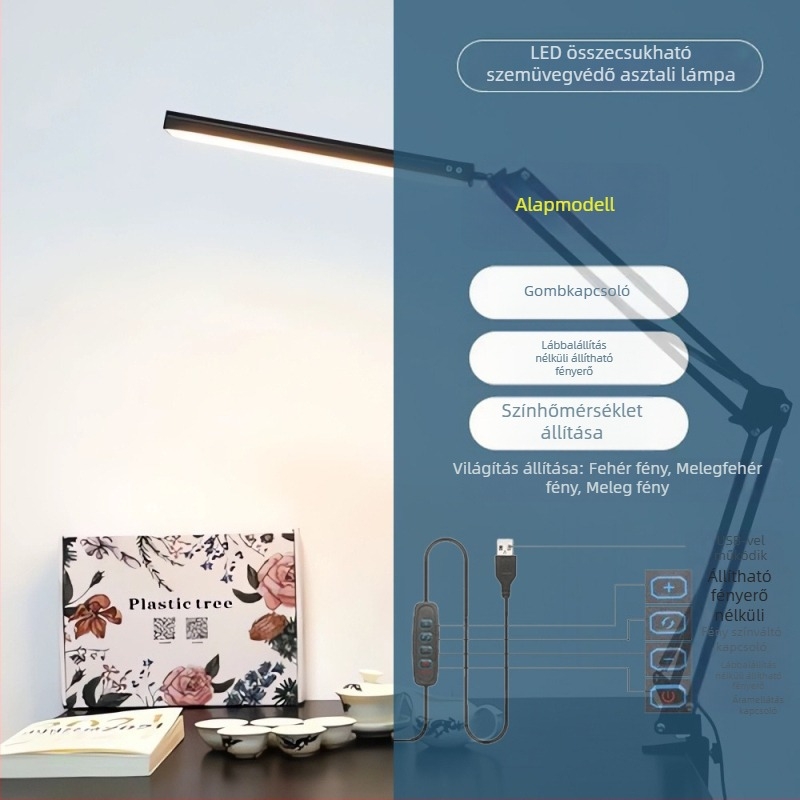 LED hosszú karú, összecsukható asztali lámpa tanuláshoz és kollégiumhoz – szemvédelem, távirányító, USB tápegység, fém árnyékoló, CRI ≥90