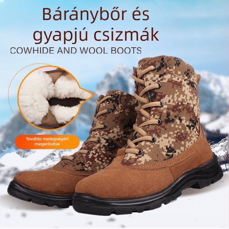 Uniszex téli kültéri magas szárú csizma, csúszásmentes vastag talppal, poliészter anyag, szigetelt a hideg ellen, ideális túrázáshoz és téli sportokhoz