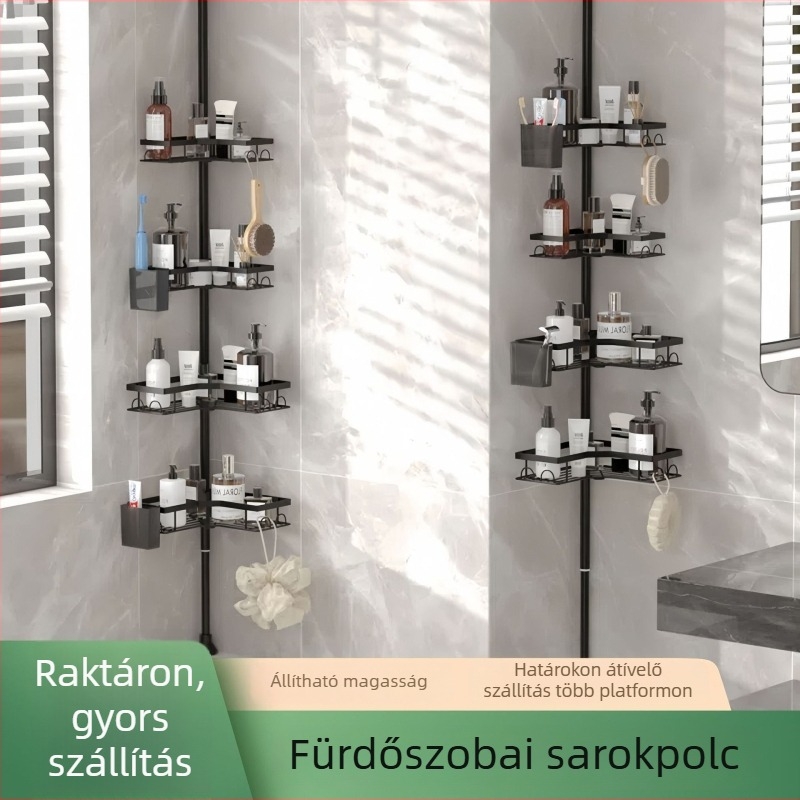Fürdőszobai plafonig érő négypolcos tároló, sarkos, fúrás nélkül, mozgatható, szénacélból