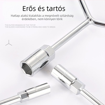 Csatlakozókulcs — háromkaros és Y-alakú kialakítás, eszköz gumijavításhoz és motorkerék javításához, magas széntartalmú acélból, Powerful Merchant márka