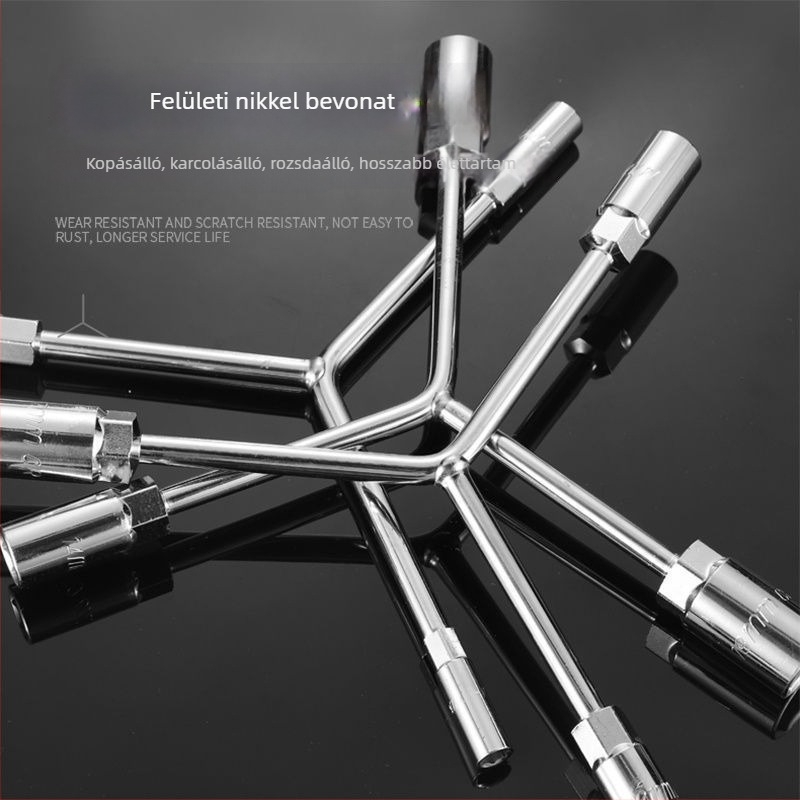 Csatlakozókulcs — háromkaros és Y-alakú kialakítás, eszköz gumijavításhoz és motorkerék javításához, magas széntartalmú acélból, Powerful Merchant márka