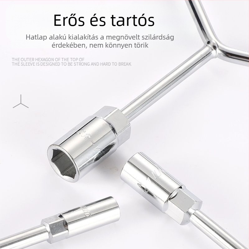 Csatlakozókulcs — háromkaros és Y-alakú kialakítás, eszköz gumijavításhoz és motorkerék javításához, magas széntartalmú acélból, Powerful Merchant márka