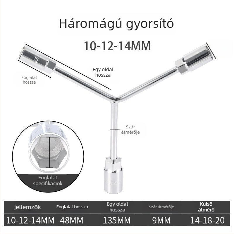 Csatlakozókulcs — háromkaros és Y-alakú kialakítás, eszköz gumijavításhoz és motorkerék javításához, magas széntartalmú acélból, Powerful Merchant márka