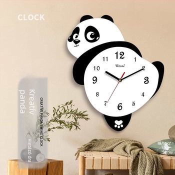 Panda alakú falióra a nappaliba, sweep mozgású, elemmel működtetett, MDF tokozás és számlap, 45 mm vastagság