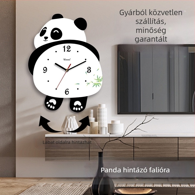 Panda alakú falióra a nappaliba, sweep mozgású, elemmel működtetett, MDF tokozás és számlap, 45 mm vastagság