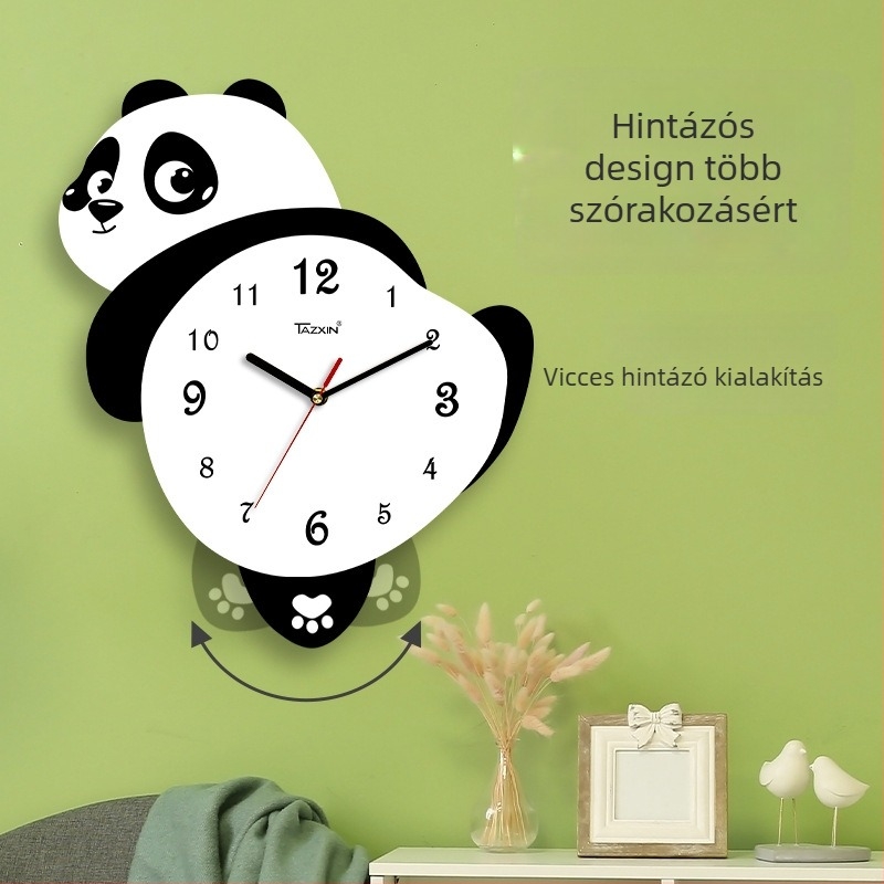 Panda alakú falióra a nappaliba, sweep mozgású, elemmel működtetett, MDF tokozás és számlap, 45 mm vastagság