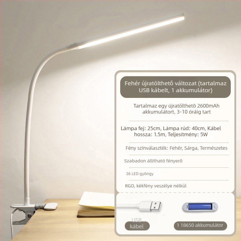 LED klipszes asztali lámpa szemvédő funkcióval, USB táplálás, fényerő-szabályozás, modell CT-J203