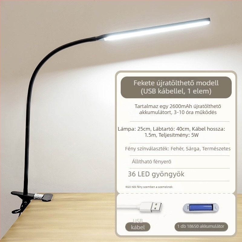LED klipszes asztali lámpa szemvédő funkcióval, USB táplálás, fényerő-szabályozás, modell CT-J203