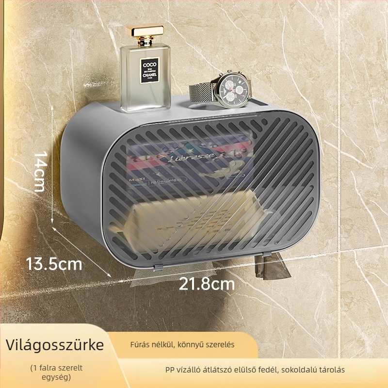 Falihoz szerelhető vécépapír-doboz PP anyagból, vízálló és többfunkciós, modell 4537