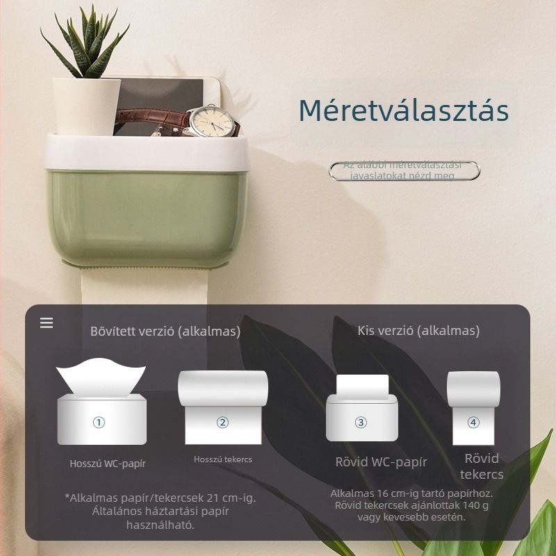 Fürdőszobai műanyag papírzsebkendő tartó csavarozás nélküli, levehető zsebkendőkkel, többfunkciós