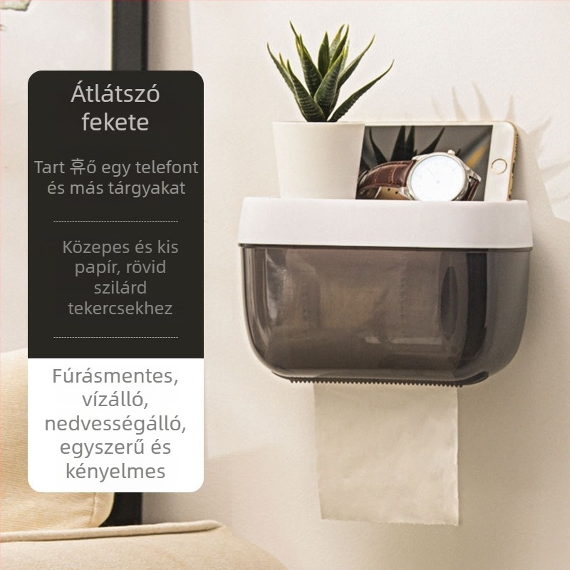 Fürdőszobai műanyag papírzsebkendő tartó csavarozás nélküli, levehető zsebkendőkkel, többfunkciós