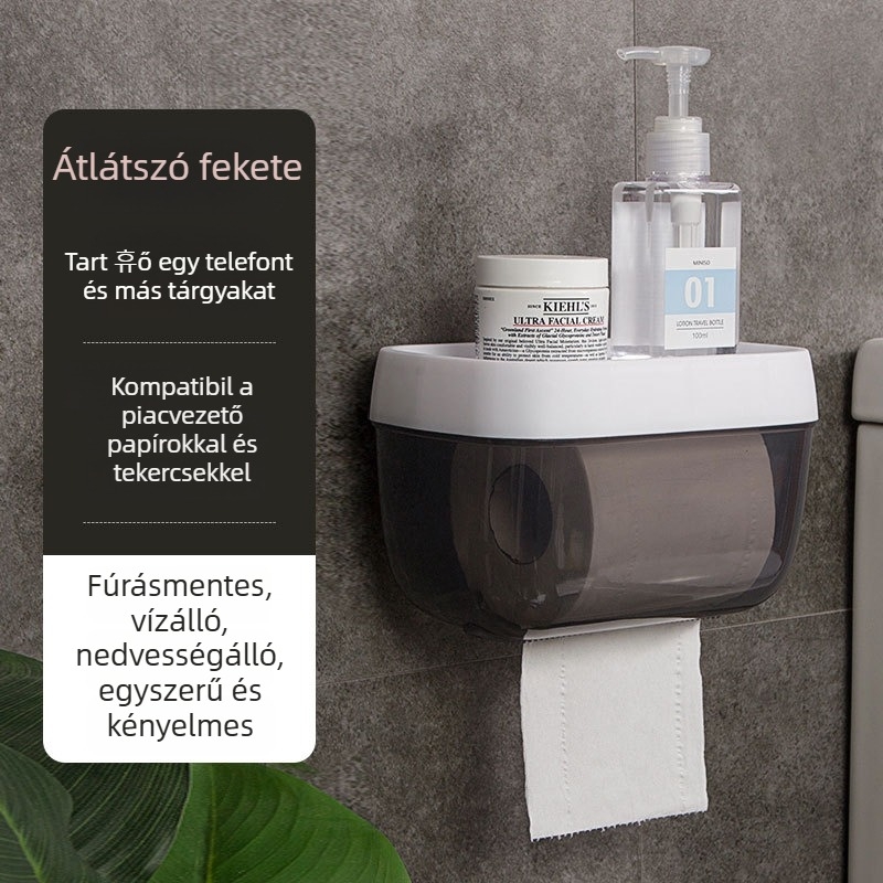 Fürdőszobai műanyag papírzsebkendő tartó csavarozás nélküli, levehető zsebkendőkkel, többfunkciós