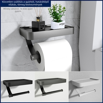 Fali alumínium 2-szintes WC-papírtartó és telefon szervező, fúrás nélküli fürdőszobai polc