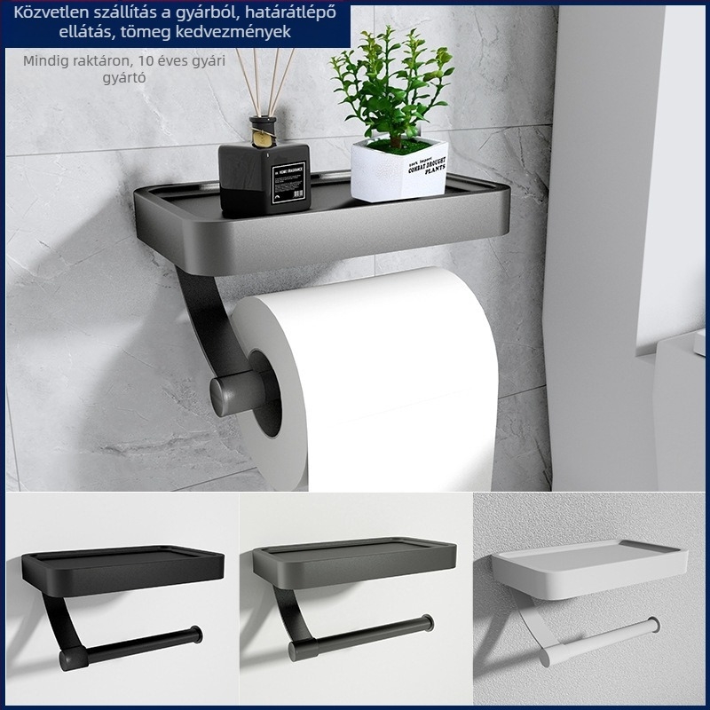 Fali alumínium 2-szintes WC-papírtartó és telefon szervező, fúrás nélküli fürdőszobai polc
