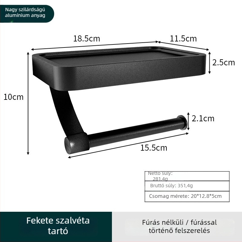 Fali alumínium 2-szintes WC-papírtartó és telefon szervező, fúrás nélküli fürdőszobai polc