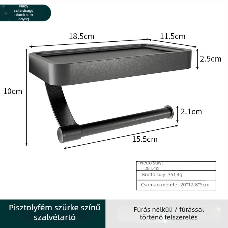Fali alumínium 2-szintes WC-papírtartó és telefon szervező, fúrás nélküli fürdőszobai polc