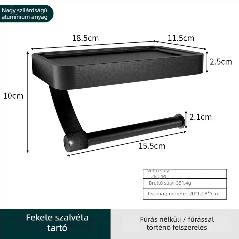 Fali alumínium 2-szintes WC-papírtartó és telefon szervező, fúrás nélküli fürdőszobai polc