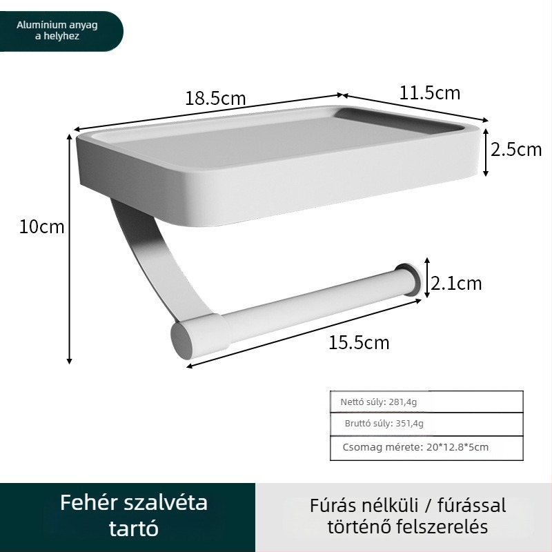 Fali alumínium 2-szintes WC-papírtartó és telefon szervező, fúrás nélküli fürdőszobai polc