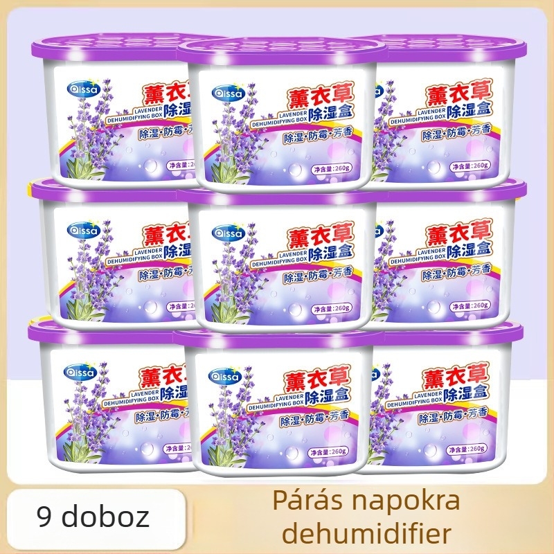 Nedvességkötő doboz nedvességabszorbeáló zsákkal, penészmentes, levendula illatú, 260 g