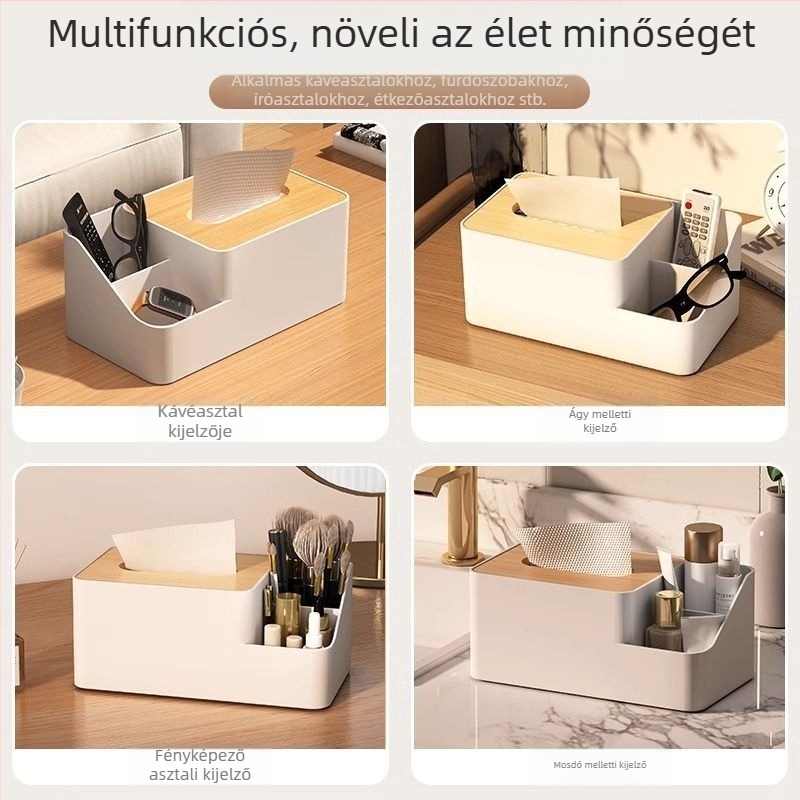 Fából készült zsebkendő tartó doboz, modell 6543, modern minimál stílus, többfunkciós, távirányító-tárolóval, autóhoz megfelelő