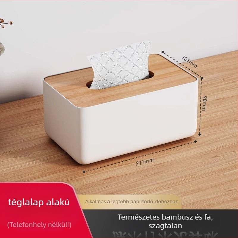 Fából készült zsebkendő tartó doboz, modell 6543, modern minimál stílus, többfunkciós, távirányító-tárolóval, autóhoz megfelelő