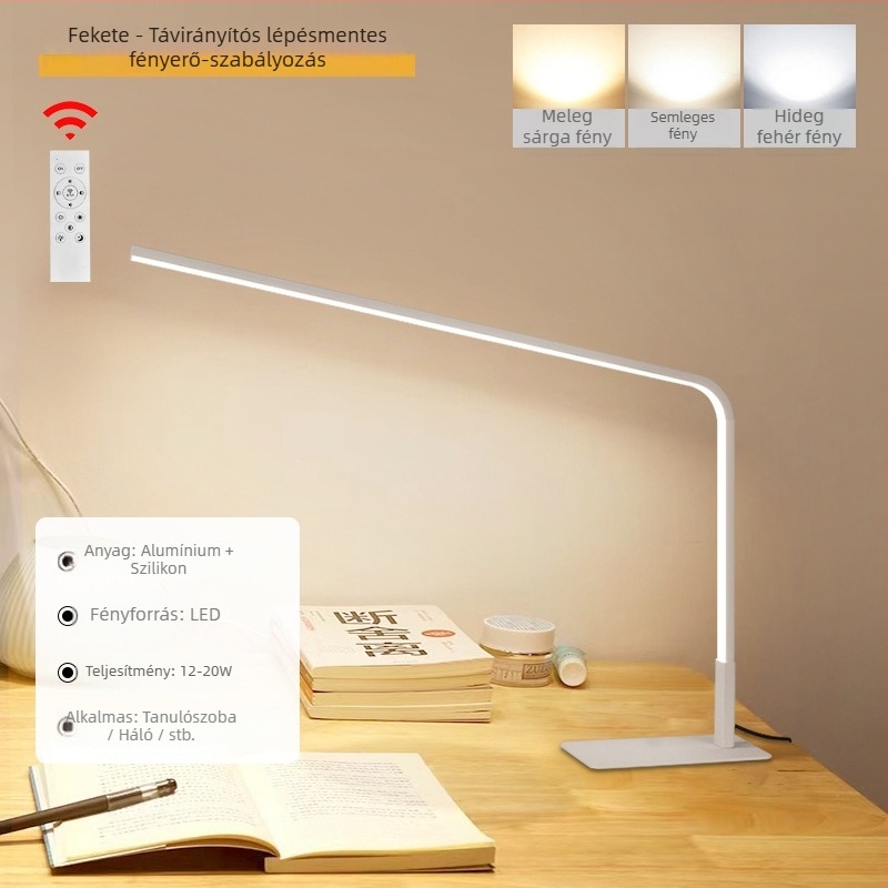 LED szemvédős asztali lámpa diákok számára — szilikon árnyékoló, távirányító, 220V, CRI ≥90, modern minimalista kialakítás