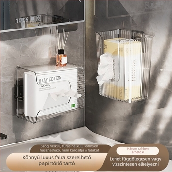 Fali vécépapírtartó és arc törölköző tároló – világos luxus stílus (PET anyag; vízálló; kompatibil standard papírzsebkendőkkel; többfunkciós)