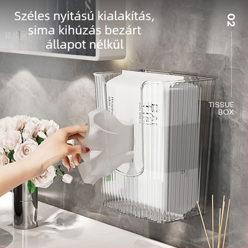Fali vécépapírtartó és arc törölköző tároló – világos luxus stílus (PET anyag; vízálló; kompatibil standard papírzsebkendőkkel; többfunkciós)